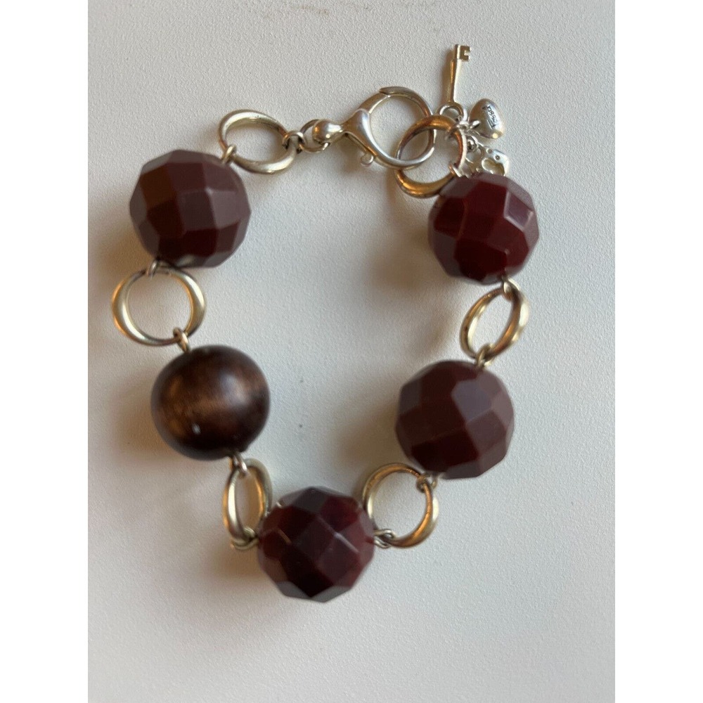 Fossil Bracelet Faceted Brown Large Beaded Key Lock Heart Charm Goldtone